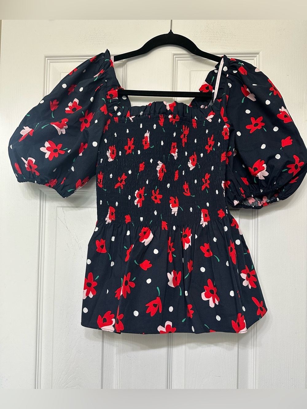 kate spade Navy Puff-Sleeve Floral Smocked Top